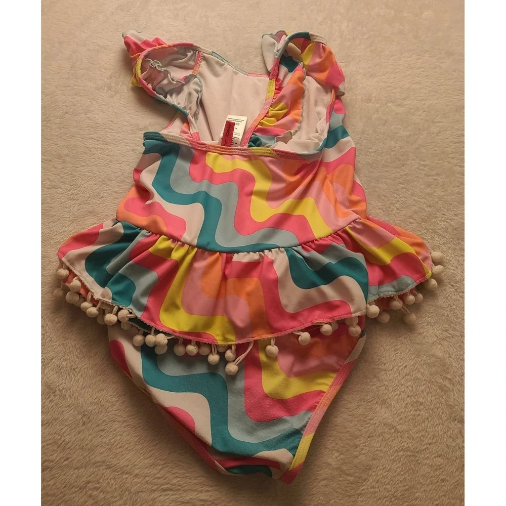 Betsey Johnson Girls XL 14 Sequin Unicorn One Piece Swimsuit Retro Wavy Pom Pom